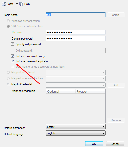 Server password. SQL enforce password Policy. Must change password at next login.