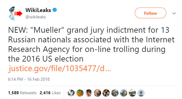Wikileaks Tweet about Russian indictments.